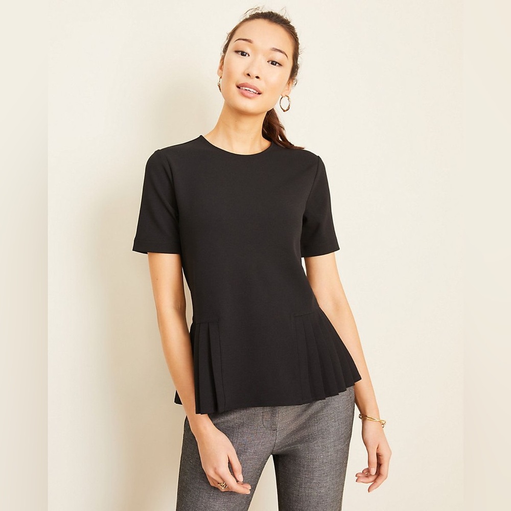 Ann Taylor Black Short Sleeve Pleated Peplum Top